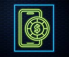 Poster - Glowing neon line Online poker table game icon isolated on brick wall background. Online casino. Vector