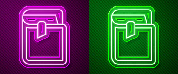 Poster - Glowing neon line Book icon isolated on purple and green background. Vector