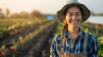 The Agronomists Joy Standing before a field that a testament to advanced agronomic research, a woman in her uniform smiles brightly at the camera Her attire