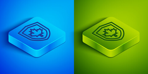 Wall Mural - Isometric line Canada flag on shield icon isolated on blue and green background. Square button. Vector