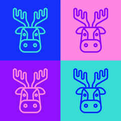 Poster - Pop art line Deer head with antlers icon isolated on color background. Vector