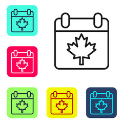 Sticker - Black line Canada day with maple leaf icon isolated on white background. 1-th of July Independence Day on the calendar with the Canada flag. Set icons in color square buttons. Vector