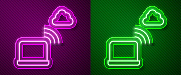 Poster - Glowing neon line Network cloud connection icon isolated on purple and green background. Social technology. Cloud computing concept. Vector