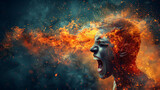Fototapeta Panele - Conceptual image of a person with head exploding in fiery flames, representing anger, stress or a powerful idea.
