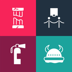 Poster - Set pop art Viking in horned helmet, Fire extinguisher, Picture and rope barrier and Broken ancient column icon. Vector