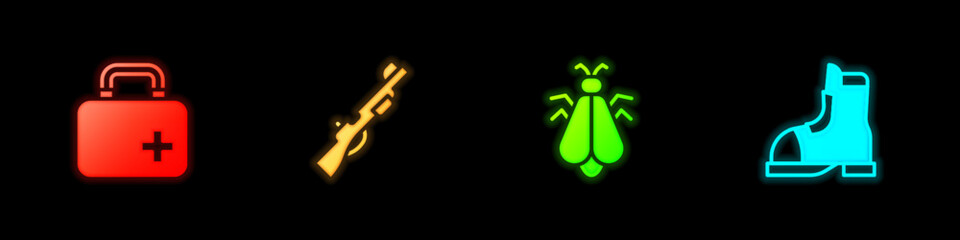 Poster - Set First aid kit, Hunting gun, Mosquito and Hunter boots icon. Vector