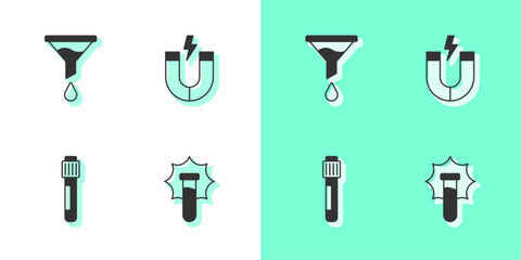 Poster - Set Explosion in the flask, Funnel or filter, Test tube and Magnet icon. Vector