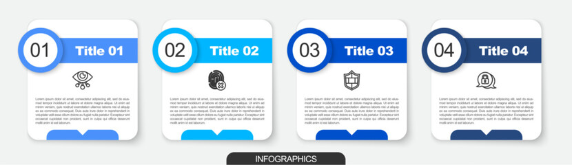 Poster - Set line Eye scan, Cancelled fingerprint, Shield with brick wall and Cyber security. Business infographic template. Vector