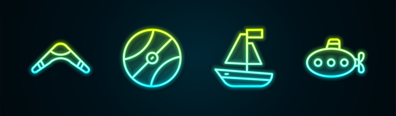 Wall Mural - Set line Boomerang, Basketball ball, Toy boat and Submarine toy. Glowing neon icon. Vector