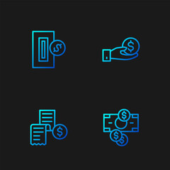 Poster - Set line Stacks paper money cash, Paper or financial check, Inserting coin and Hand giving. Gradient color icons. Vector