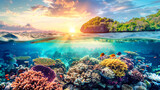 Fototapeta Fototapety do akwarium - Coral reef in foreground with small tropical island visible in the distance, showcasing underwater ecosystem and marine life