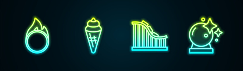 Sticker - Set line Circus fire hoop, Ice cream in waffle cone, Roller coaster and Magic ball. Glowing neon icon. Vector