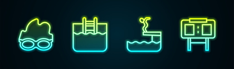 Wall Mural - Set line Glasses for swimming, Swimming pool with ladder, Swimmer diving into and Sport mechanical scoreboard. Glowing neon icon. Vector