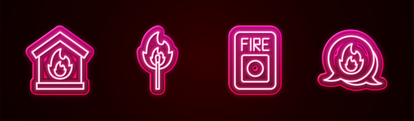 Sticker - Set line Fire in burning house, Burning match with fire, alarm system and Emergency call. Glowing neon icon. Vector