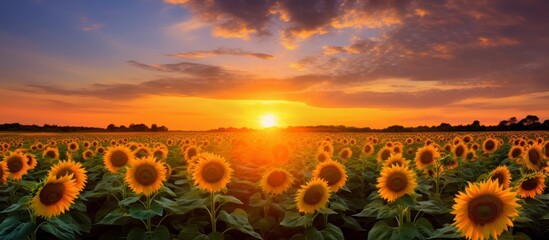 Poster - As the sun sets, the sky is painted in shades of orange, casting a warm glow over a field of sunflowers. Cumulus clouds add to the picturesque natural landscape