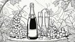 wine bottle and grapes  black and white, coloring book page,    A champagne bottle with a glass  