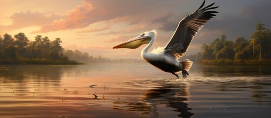 Wall Mural - A seabird with a long beak, known as a pelican, gracefully glides over the shimmering lake at sunset, its wings outstretched as it admires the natural landscape below