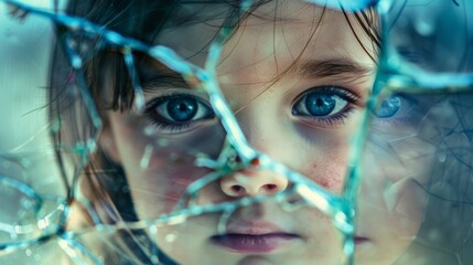 The fragmented reflection of a infant girl in colorful broken glass, representing the shattered innocence and the complexity of healing