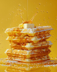 Wall Mural - Levitating waffles with syrup and butter, textured shadows, vivid colors,