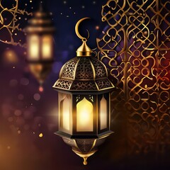 Ramadan kareem greeting design islamic with blur background and luxury lanter