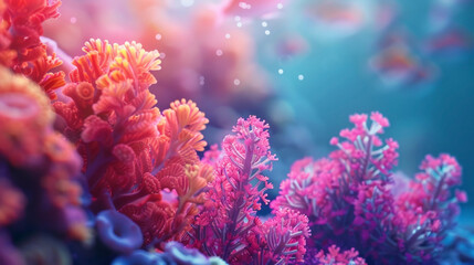 Wall Mural - Precious coral reefs on a blurred underwater scene, marine wonder