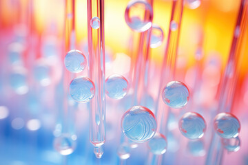 Poster - Pink holographic bubbles floating on the soft colorful abstract background in beautiful vivid tones.
