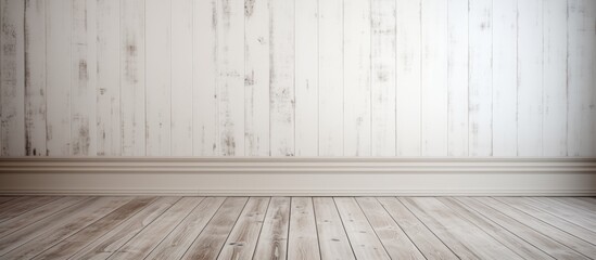 Poster - A vacant room in a building with grey wooden walls and hardwood flooring. The rectangular space features a window and a wooden floor stained in a light grey hue