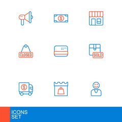 Poster - Set line Happy customer, Shopping day, Armored truck, Sold, Hanging sign with text Closed, Credit card, Market store and Stacks paper money cash icon. Vector