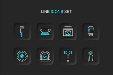 Sticker - Set line Blacksmith pliers tool, Hammer, oven, Round shield, Garden light lamp, anvil and Fire poker icon. Vector