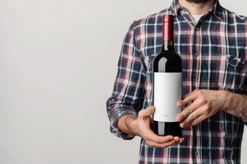 Wall Mural - Man holding a bottle of wine with a label mockup