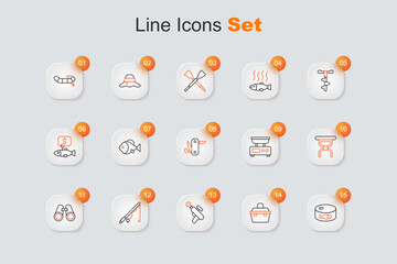 Sticker - Set line Canned fish, Case or box for fishing equipment, Fishing harpoon, rod, Binoculars, Camping folding chair, Electronic scales and Swiss army knife icon. Vector