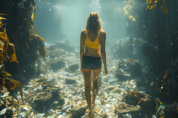 Beautiful young woman swimming dives underwater in ocean or sea full of plastic trash and garbage. Plastic environmental pollution concept. 