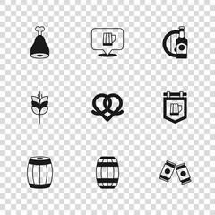 Sticker - Set Wooden barrel, Street signboard with beer, Beer can, Pretzel, bottle and wooden, Chicken leg, mug and Wheat icon. Vector