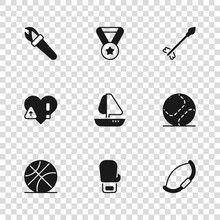 Set Boxing Glove, Baseball Ball, Medieval Bow, Yacht Sailboat, Arrows, Torch Flame, Medal And Heart Rate Icon. Vector