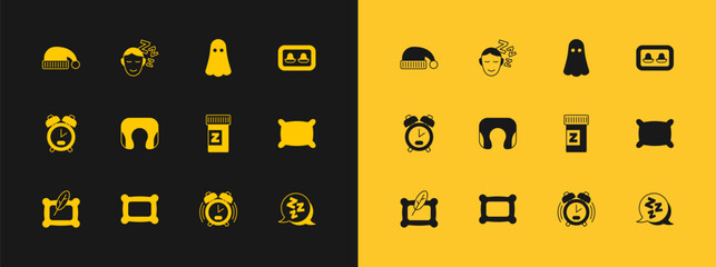 Poster - Set Earplugs with storage box, Pillow, Sleeping pill, Alarm clock, Travel neck pillow, Ghost, hat and Dreams icon. Vector