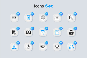 Sticker - Set Online education with diploma, Audio book, class, Headphones, Student working laptop, quiz, test, survey and Graduation cap mouse icon. Vector