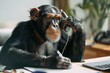 serious business monkey talk phone in modern bright office