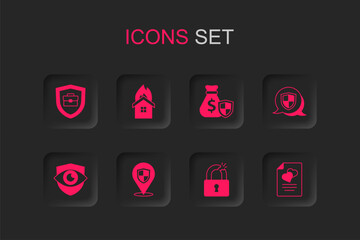 Poster - Set Location shield, Fire in burning house, Briefcase with, Broken or cracked lock, Shield, Marriage contract, Money bag and and eye icon. Vector