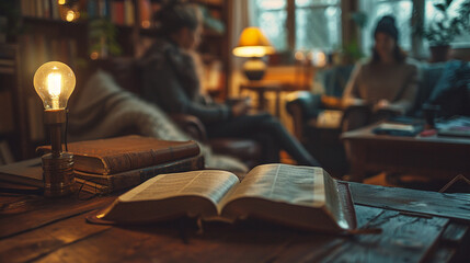 A Bible study session in a cozy living room with two people seated at a wooden table