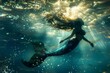Beautiful mermaid swimming underwater with light shining through water surface, enchanting fantasy illustration
