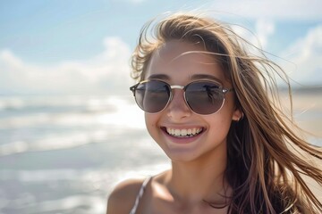 Wall Mural - Beautiful smiling young woman wearing sunglasses on the beach