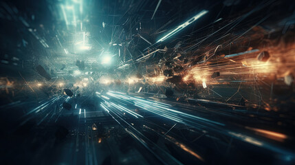 Poster - Abstract technology burst with glowing wires and particles in motion. Technology and science dynamic background.