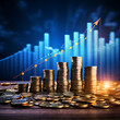 Financial growth and success symbolized by a stack of coins rising alongside an upward trending chart. selective focus.
