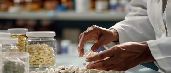 Poster - Close up on pharmacist's hands sorting medication, clear lighting, detailed texture.