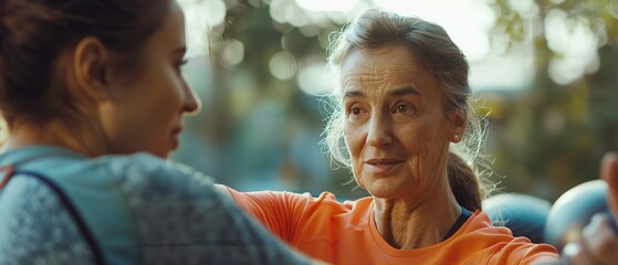 Canvas Print - Physiotherapist guiding patient in exercise, warm tones, eye level shot. 