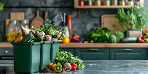 Promoting Sustainable Living: Kitchen Waste Sorted in Green Bin with Compost Container, Including Fruit and Vegetable Scraps. Concept Sustainable Living, Green Bin, Compost Container, Kitchen Waste