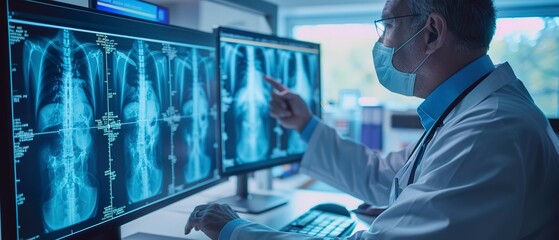 Poster - Doctor reviewing digital x-rays on a computer, analysis, clear detail, focused light. 