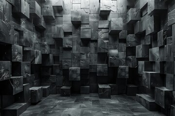 Poster - A dark, monochromatic image showing a three-dimensional cubic geometric pattern providing an abstract, moody vibe