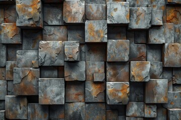 Poster - The image displays a unique combination of rusty and oxidized metal cubes pattern as a textured wall
