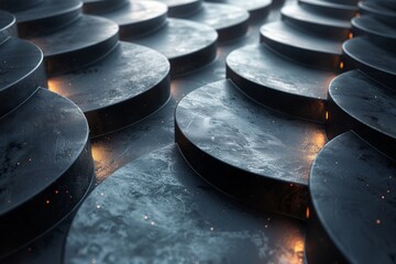 Poster - The image presents an array of metallic circular plates illuminated by subtle, fiery sparks suggesting energy and strength